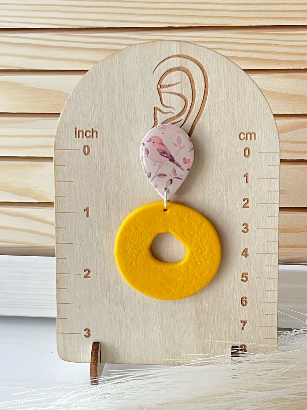 Yellow Circle Drop Earrings with Pink Bird Teardrops - Picture 3 of 5